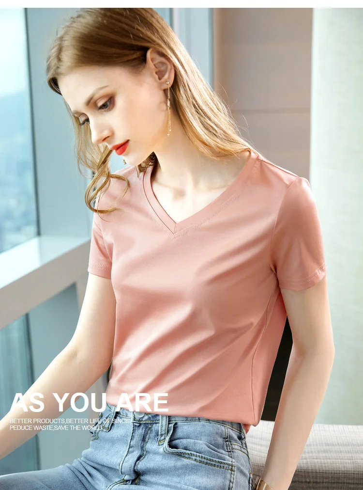 Ice Sensitive Silk Cotton V-neck Short Sleeved T-shirt for Women's Solid Round Neck Basic Commuting Elastic Oversized Top