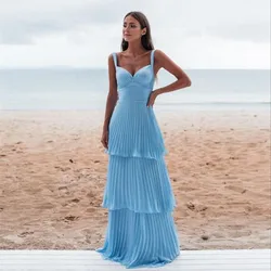 Elegant Sky Blue Women Formal Evening Dresses Outdoor Chiffon Ruffle Long Prom Gowns 2023 New Met Gala Night Wedding Party Wear