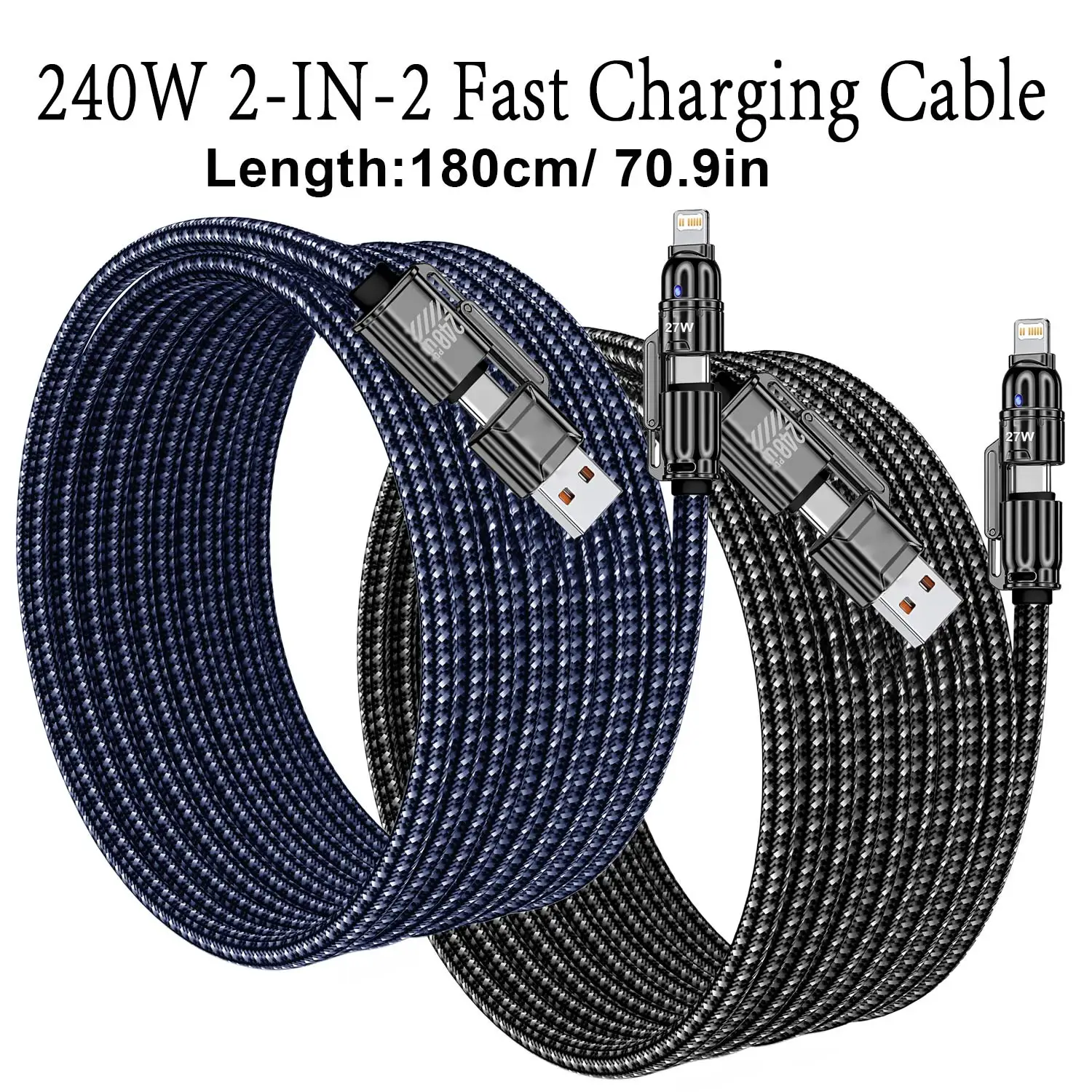240W 1.8M 초고속 충전 4 in 1 데이터 케이블 듀얼 타입-C+라이트닝+US..