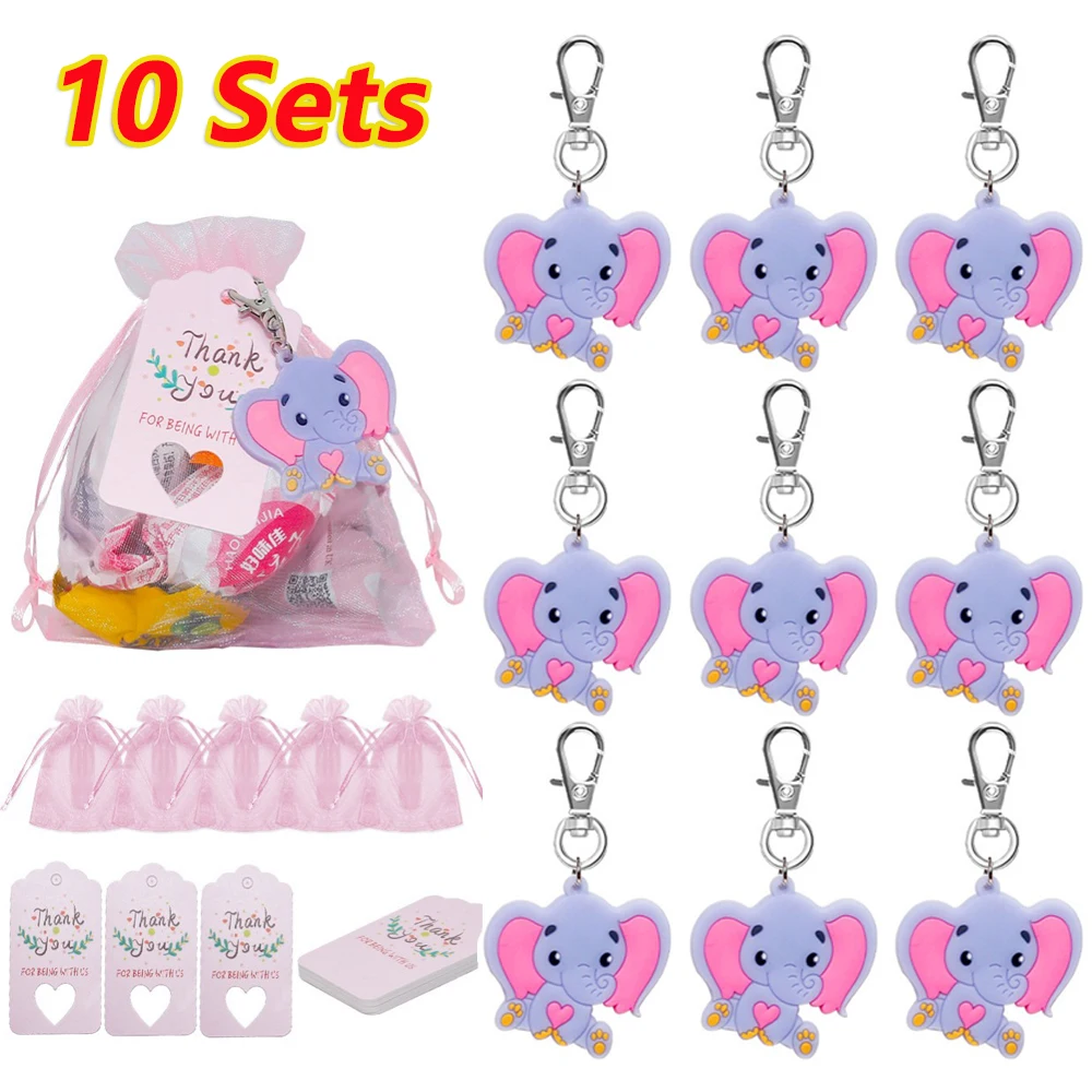 

10 Pieces Elephant Keychain with Organza Bag Thank You Card Boy Girl Birthday Party Gifts Baby Shower Return Favors for Guest