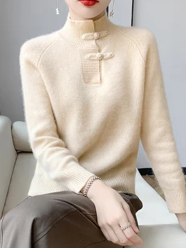 Naiste 100% meriinovillast madala kaeluse ja pool-liistuga sviiter M-XXL 1