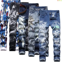 Blue Men's Jeans 3D Digital Print Stretch Denim Pants Blue Black White Trousers Men Fashion Slacks 28-34 36 38 40 42 1