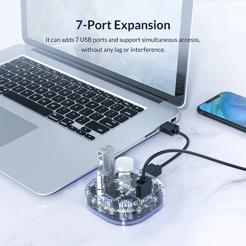 Orico Série Transparente Hub Usb Multi Portas de Alta Velocidade Usb3.0 Divisor com Micro Porta de Alimentação Usb para Laptop pc Adaptador Otg - Imagem 6