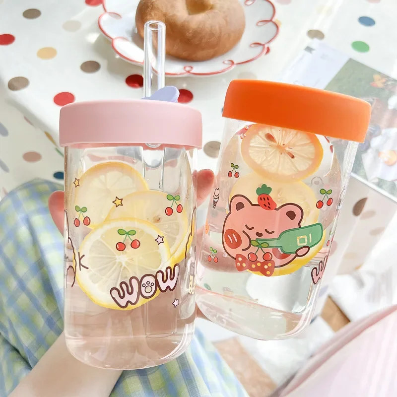 

600ml Cute Cartoon Glass Cup With Lid and Straw Bubble Tea Cup Coffee Mug Juice Glass Beer Can Milk Mocha Water Cups Drinkware
