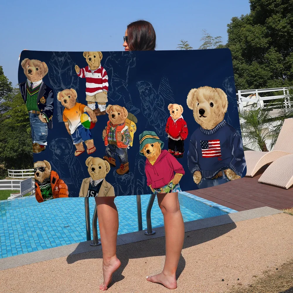 Cute Teddy Bear Happy Bath Towel Microfiber Soft Water Absorbing Breathable For Girl Kids Decorative Cartoon Beach Towel 2