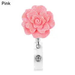 Elegant Floral Rose Badge Reel: Retractable ID Holder & Keychain Lanyard (Pink-)