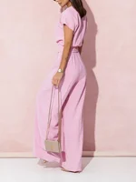 Women's S-2XL size Spring Summer Women's Fashion V-neck Short Sleeve Jumpsuit Ladies  Casual Belt Solid Color Jumpsuit - Image 5