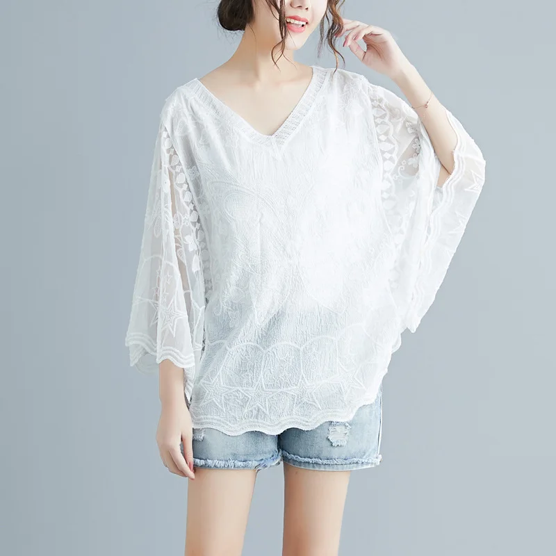 White Embroidery Lace Flare Sleeve Blouse for Women