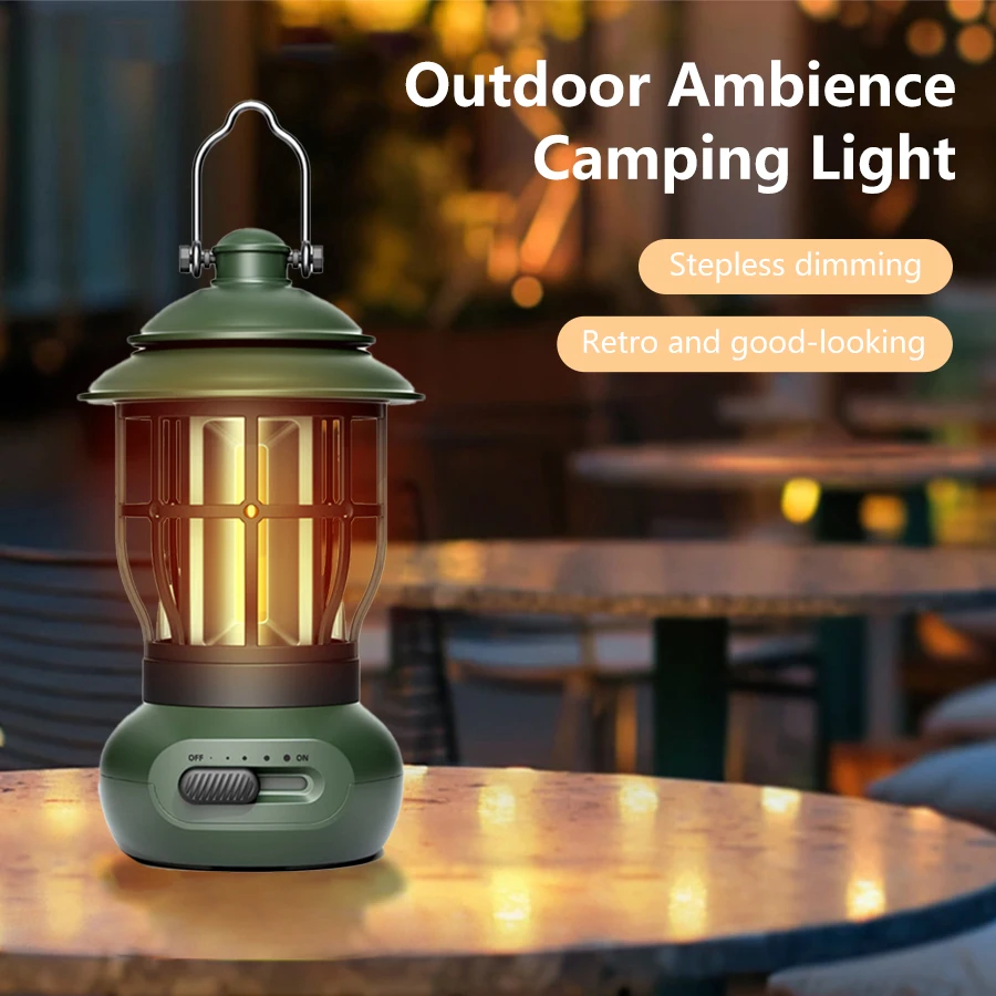 Outdoor LED Camping Light Retro Rechargeable Tent Lamp Stepless Dimming COB Atmosphere Light for Camping Hiking Fishing Light
