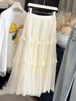 Retro Sweet White Long Skirt Women Casual Loose High Waist Elegant Skirt Vintage Lace Patchwork Korean Summer Long Skirts - Image 5