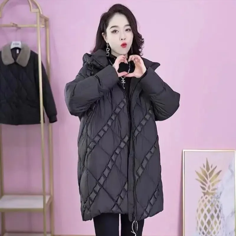 2023 Winter New Down Jacket Women Medium Long Loose Hooded Aging Surcoat White Duck Down Warm Coat 2021 new arrival middle length down coat women hooded loose korean style argyle plaid white duck down coat fashin winter clothes