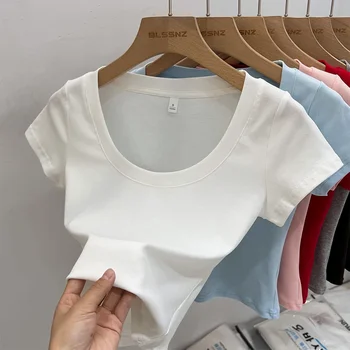 الصيف تي شيرتات قصيرة الاكمام المرأة الصلبة بلوزات على شكل حرف U الحلو النساء الملابس الساخن فتاة المحاصيل الأعلى الإناث ضئيلة تنوعا المحملة 2025 2