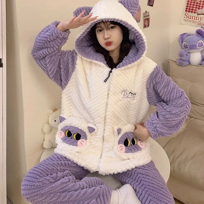 2024 New Women's Pajamas Set Winter Thick Ladies Sleepwear Flannel Cute Cartoon Famle Pijamas Coral Velvet Girls Loungewear Suit
