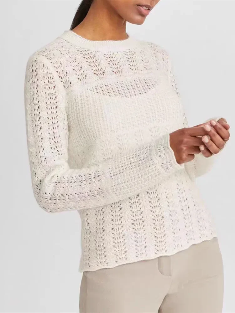 

Women's Sweater 2023 New Winter 100% Cashmere Hollow Out Round-Neck Elegant Solid Color Casual Long Sleeve Pullover