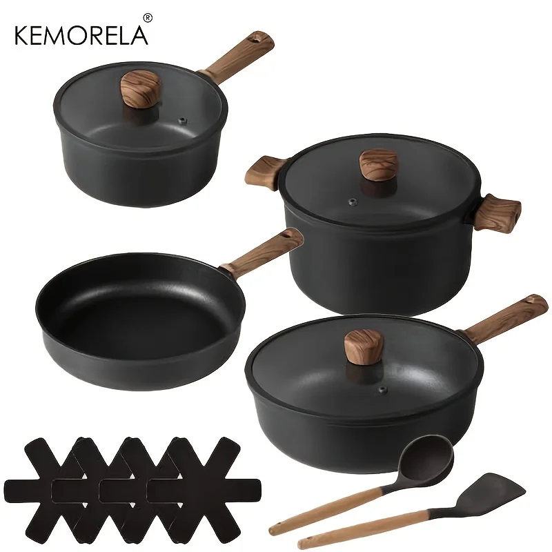Набір керамічного посуду з 13 шт. - каструлі та сковорідки з антипригарним покриттям, які можна знімати на 360 °   Обертові ручки, які можна штабелювати, чорний, для всіх печей