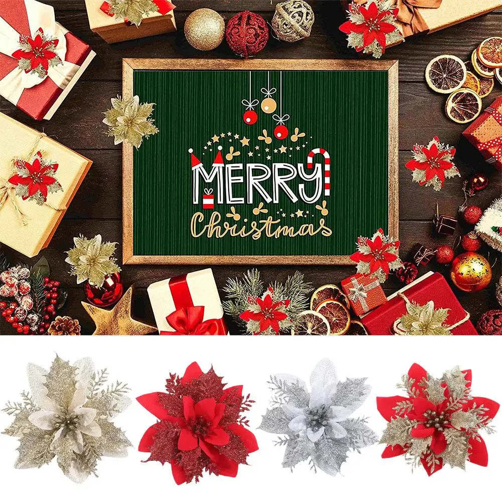 

Искусственные блестящие Рождественские цветы, украшения для рождественской елки для дома, искусственные цветы, рождественские украшения, Новогодние декоративные гирлянды E1K6