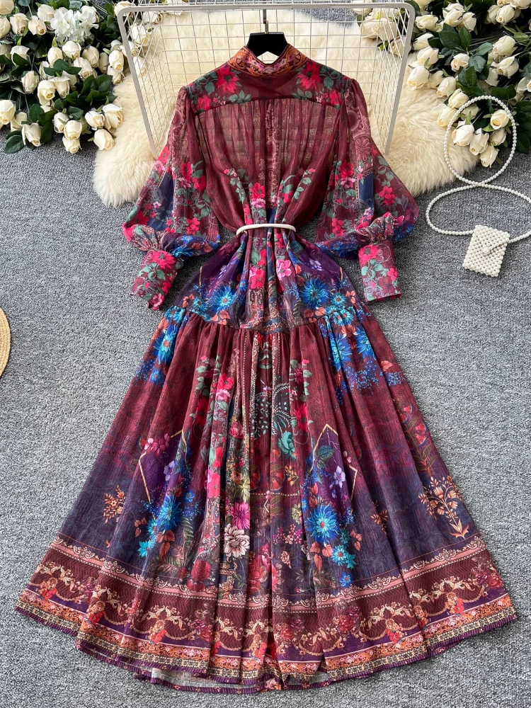 green emerald velvet dress Vintage 1960s Bell Sleeve Floral Festival Maxi Dress main image 0