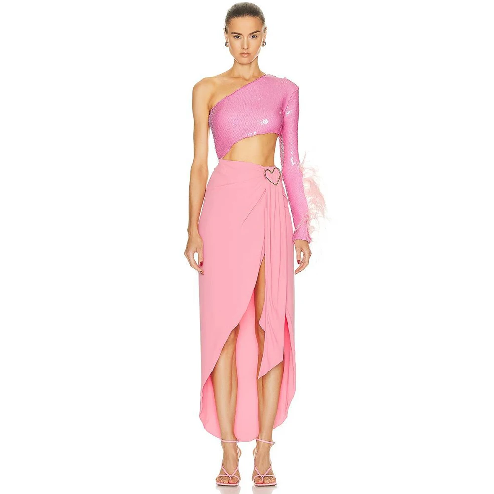 

Sexy Women's One Shoulder Long Sleeve Feather Decoration Sequin Hollow Out Bodycon Celebrity Party Runway Evening Long Dress