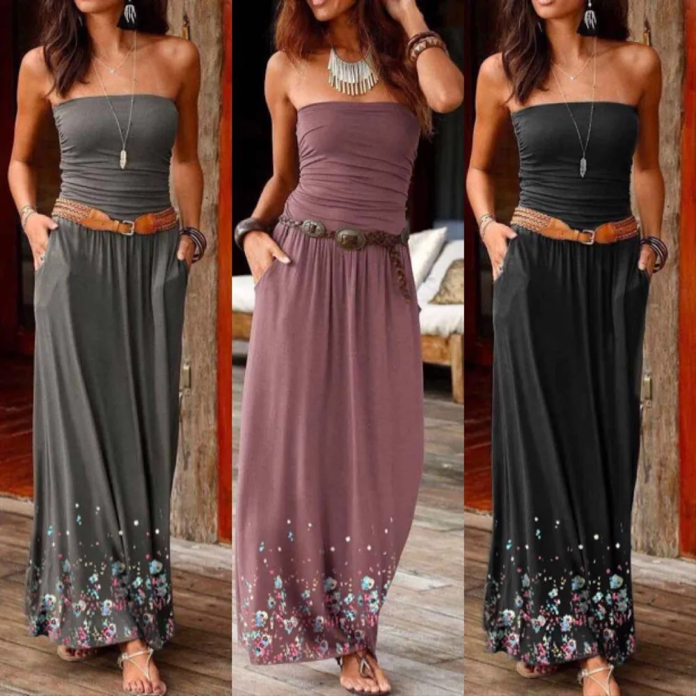 

Holiday style strapless dress with printed long skirt