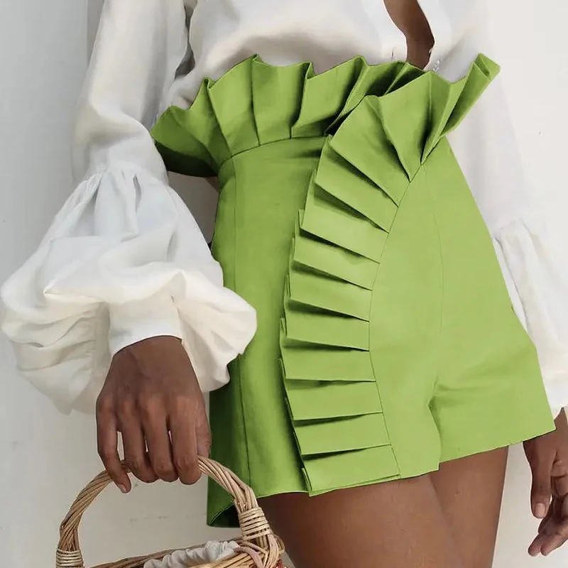 New Fashion Solid Color Ruffled Pleated Shorts 2023 Spring Summer Elegant High Waist Hot Pants Women For Sexy Street Trendsetter
