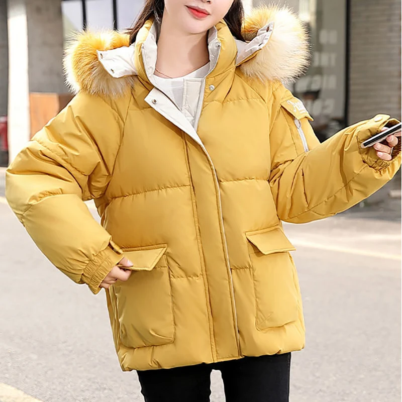 

Big Fur Collar Hooded Women Down Cotton Jacket 2023 Winter Fashion Elegant Loose Casual Parkas Female Short Warm Bread Coat