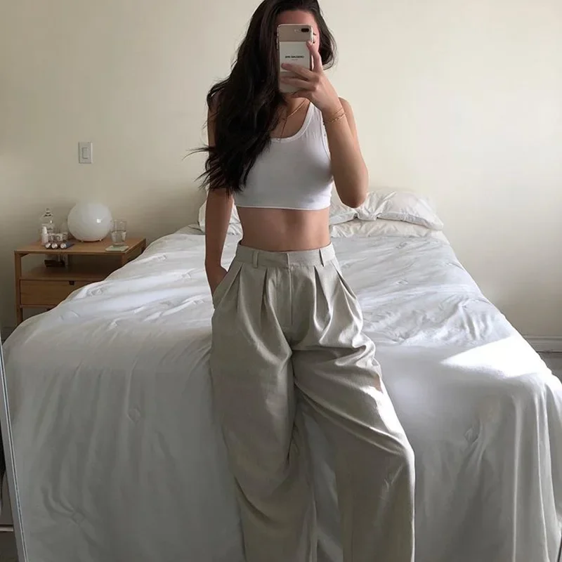 Women Loose Casual Commute Long Pants Spring Autumn Fashion Fold Style Wide-Leg Pants Office Lady Mid-Waist Grey Foraml Trousers