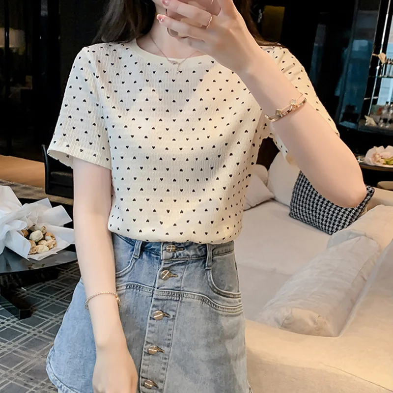 

2023 New Summer Korean Edition Fashion Loose Relaxed Round Neck Polka Dot Print Versatile and Reduced Age Women's T-shirt