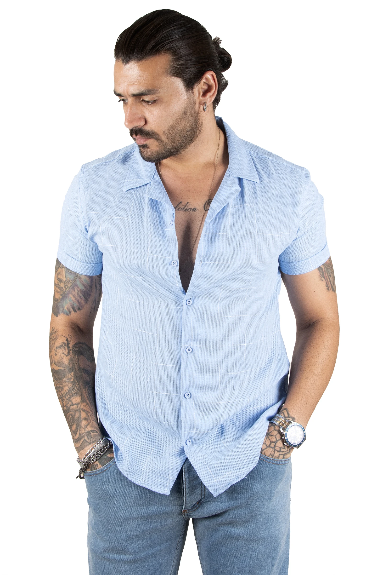 DeepSEA Square Pattern Tight Fit Short Sleeve Linen Men Shirt 2201928