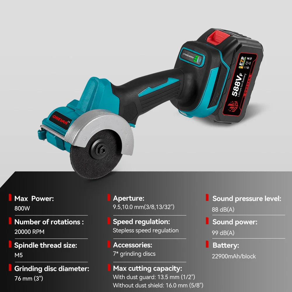 Angle Grinder ONEVAN Brushless Angle Grinder 76mm Speed Variable Cordless Electric Circular Saws Cutting Power Tool for Makita 18V Battery Pin