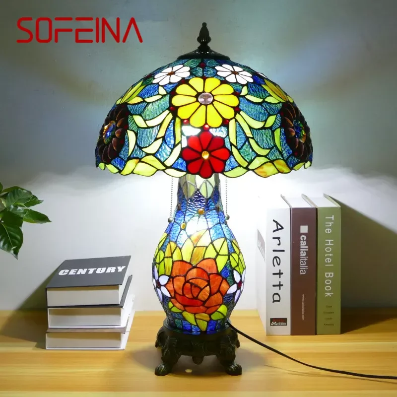 

SOFEINA Tiffany Table Lamp American Retro Living Room Bedroom Lamp Luxurious Villa Hotel Stained Glass Desk Lamp