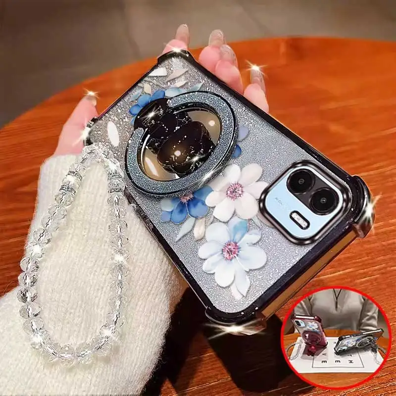 Attractive Flower Phone Case Set with Lanyard and Circular Stand, 3-Piece Pack