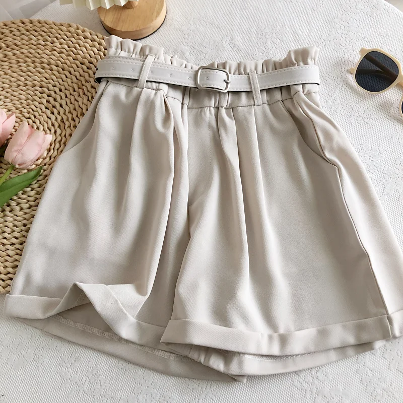 KUSAHIKI 2022 Summer Woman Shorts Belt Elastic High Waist Korean Solid Bottoms Causal Fashion Wide Leg Short Feminimos denim shorts