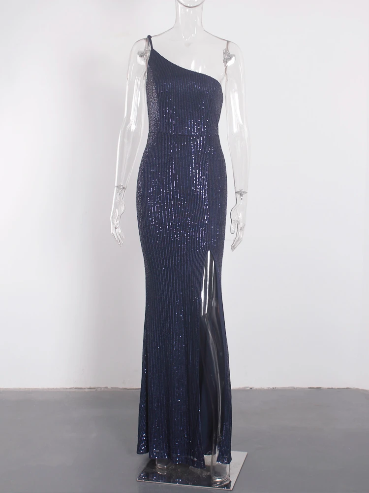 One Shoulder Abend party Maxi kleid Split rücken frei ärmellose Marine Silber Pailletten Nacht Ballkleid – Detail 6