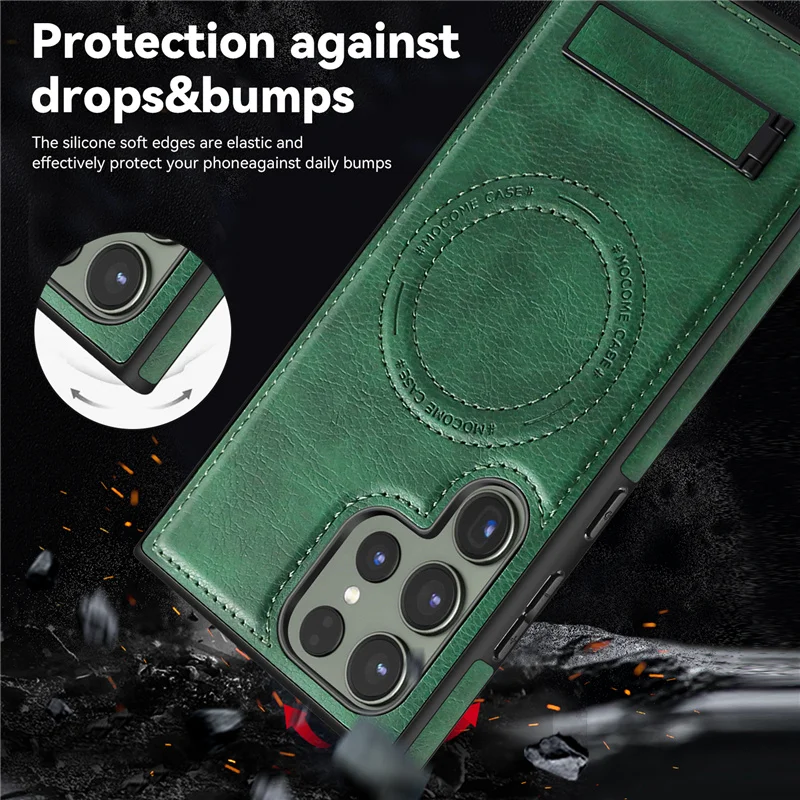 Luxury Wireless Charging Leather Phone Case with Magnetic Back Cover & Stand