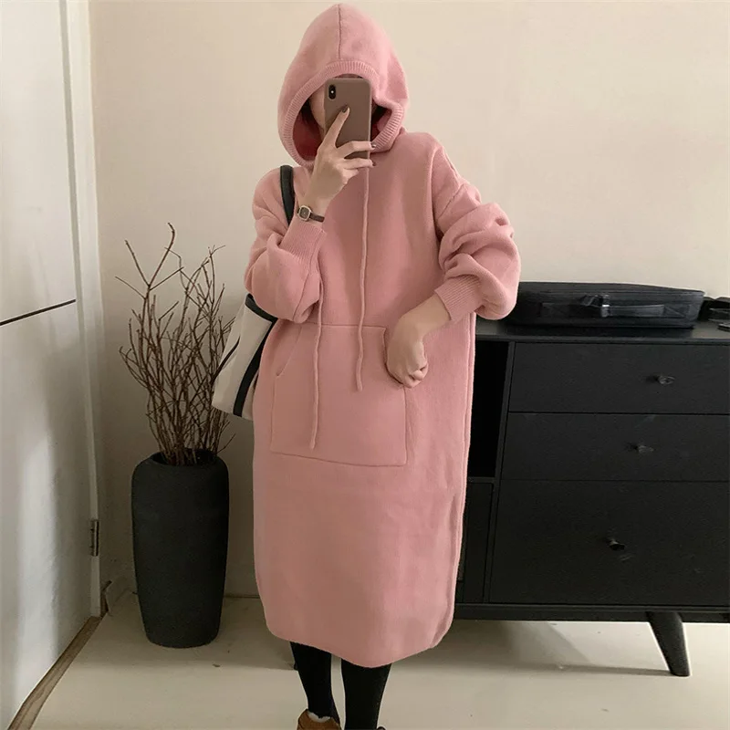 

Hooded knitted dress for women's clothing slimming autumn and winter new over knee pullover hair dress top