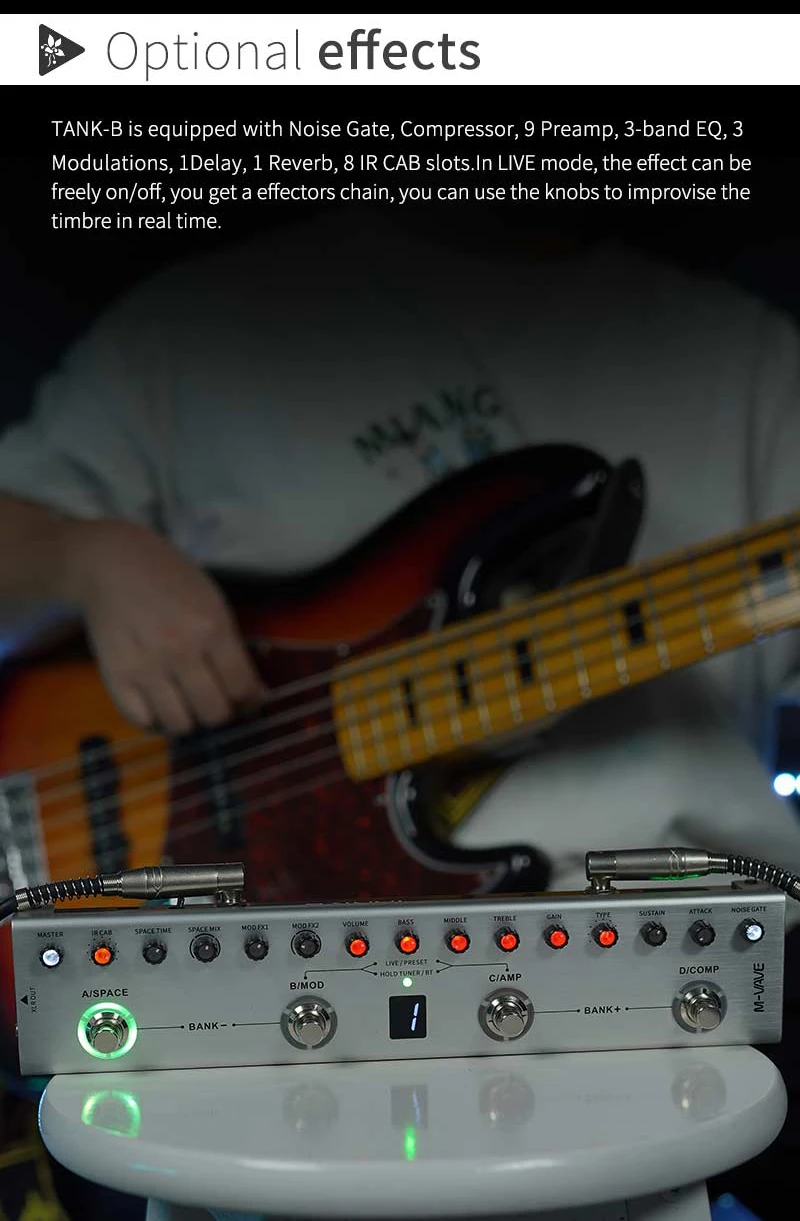 M-VAVE Tank-B Multi-Effect Bass Pedal Rechargeable 36 Presets 9 Preamp Slots 8 IR Cab Slots 3 Modulation/Delay/Reverb Effects 