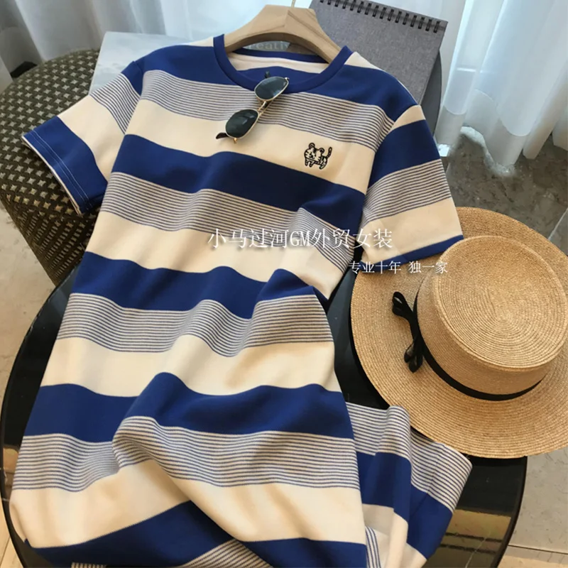 

Cartoon Embroidery Stripe Color Matching Midi Skirt Women's Summer Casual Style Temperament Crew Neck Short Sleeve T-shirt Dress