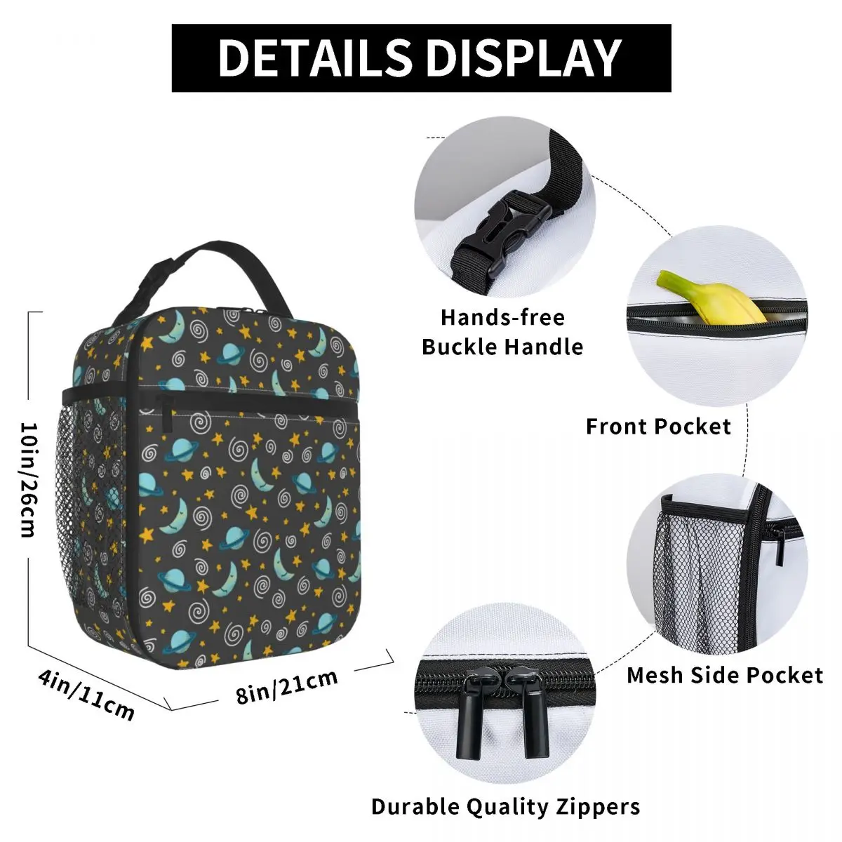 Moon And Stars Space Aliens Pattern Thermal Insulated Lunch Bag Women Resuable Lunch Tote for School Multifunction Food Box