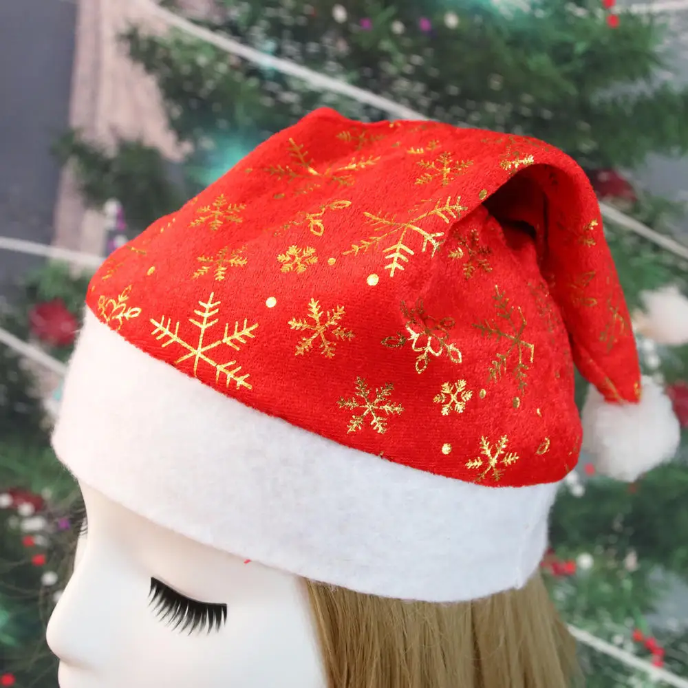 New Christmas Hat With Red And Gold Velvet Classic Velvet Decoration Supplies With Silver Snowflake Printing Hat