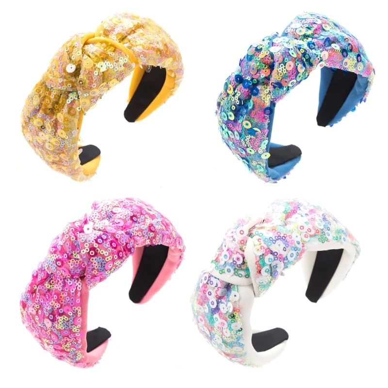 

Colorful Headbands with Sequins Embellished Knots Wide Brims Headbands for Woman Nonslip Girl Taking Photo Headbands