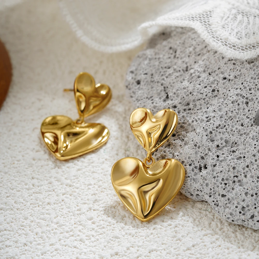 New Vintage Lava Textured Double Love Heart Dangle Earrings for Women Girls 18K Gold Plated Waterproof Statement Earring Jewelry