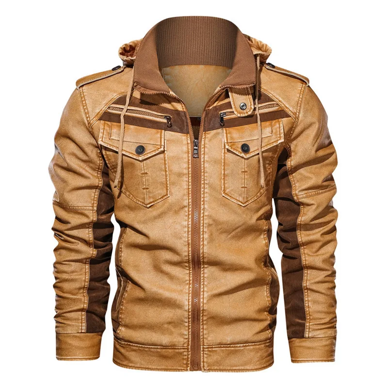 

Solid Color Slim Fitting Leather Jacket 2023 New Hooded PU Leather Jacket Men's Winter New Plush Jacket European Men Jacket