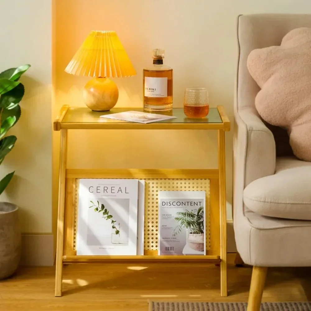 Side Table Z Shape Sofa Coffee Tables Glass-Top Bamboo Rattan End Table With Magazine Rack Modern Bedroom Living Room Furniture