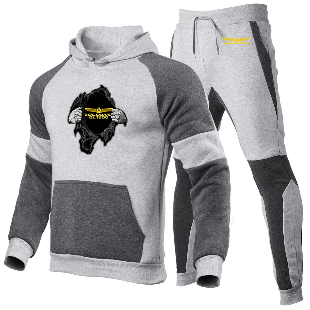 2023 New Spring Autumn Men Goldwing GL 1800 Motocycles Comfortable Casual Joggers Hooded Sportswear Jackets Tricolor Splice Sets