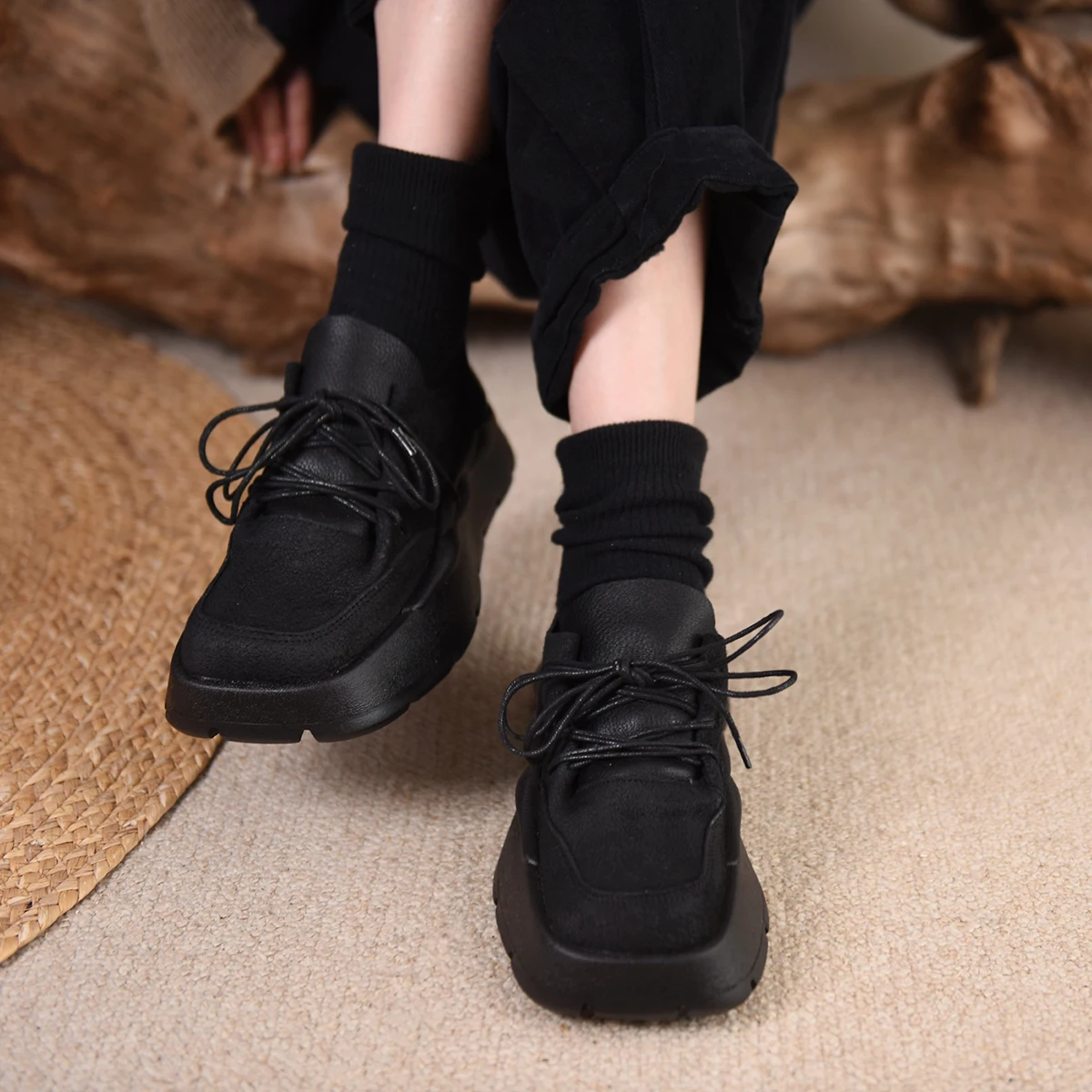 

Artmu Original Genuine Leather Thick Heel Shoes For Women Luxury Lace Up Platform Shoes Elegant Square Toe Autumn Ladies Shoes