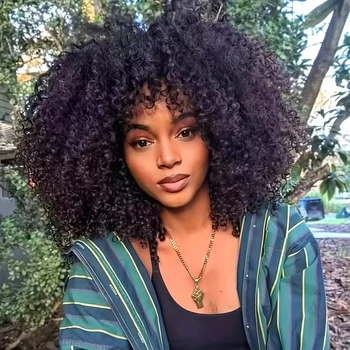 Parrucche Sintetiche Afro Kinky Curly per Donne di Colore con Frangia, Realizzate a Macchina, Densità 300%, Senza Colla e Senza Pizzo