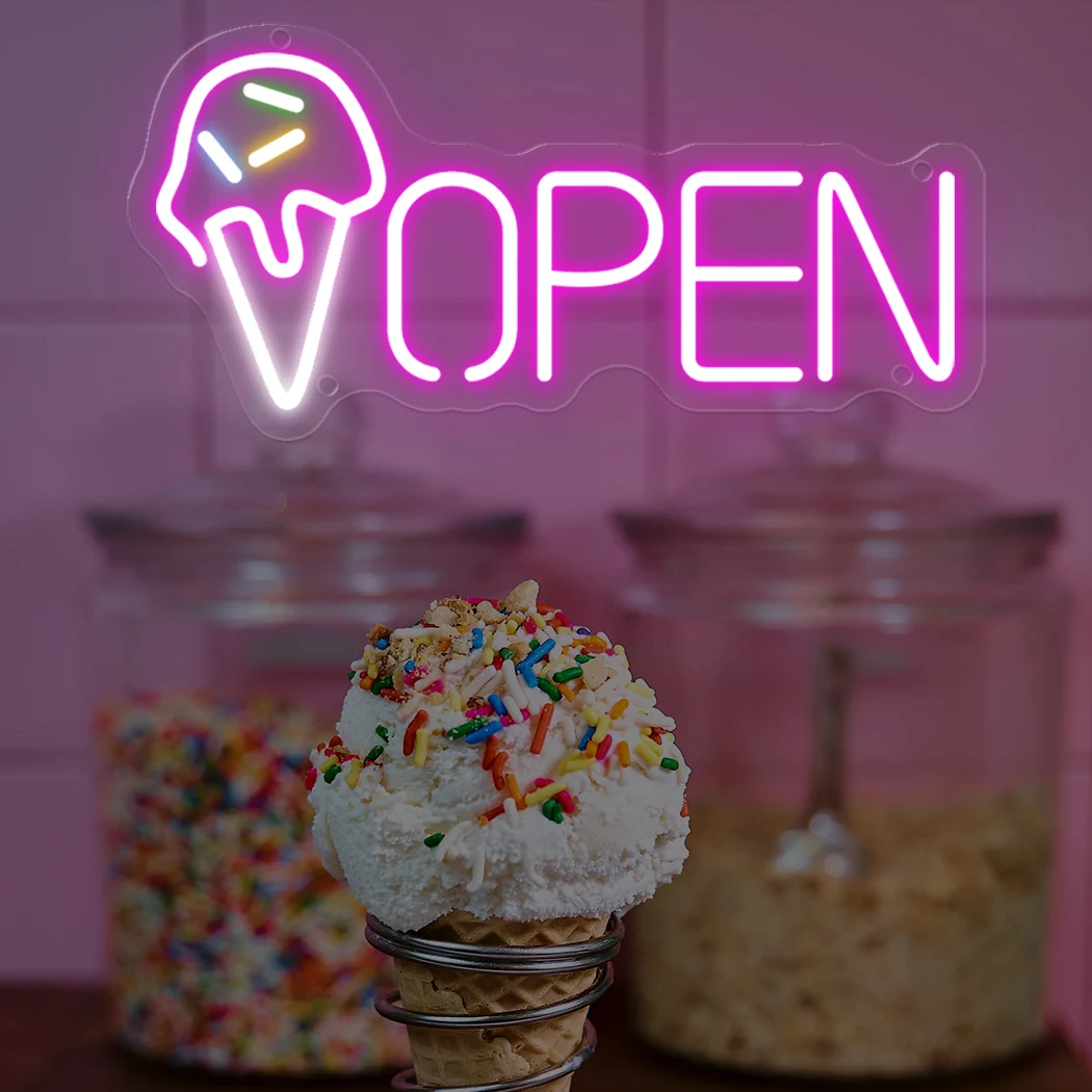 Ice Cream Open Sign Neon Light Ice Cream Shop Sign LED Light USB Lamp Decoration Dessert Shop Wall Business LED Neon Signs