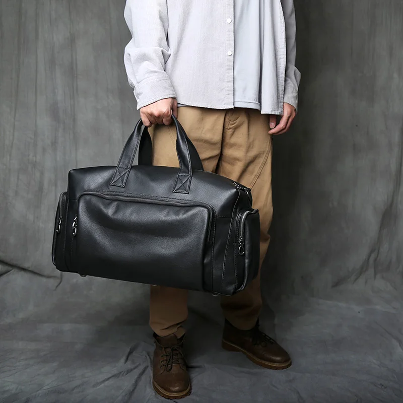 NZPJ Genuine Leather Men's Travel Bag, Casual Top Layer Cowhide Crossbody Bag, Laptop Bag, Large Capacity Luggage Bag Business