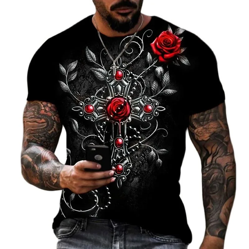 

2023 New 3D Cross Print Round Neck Short Sleeve Top Cool Crucifix Men's T-shirt Plus Size Retro Dress Pullover