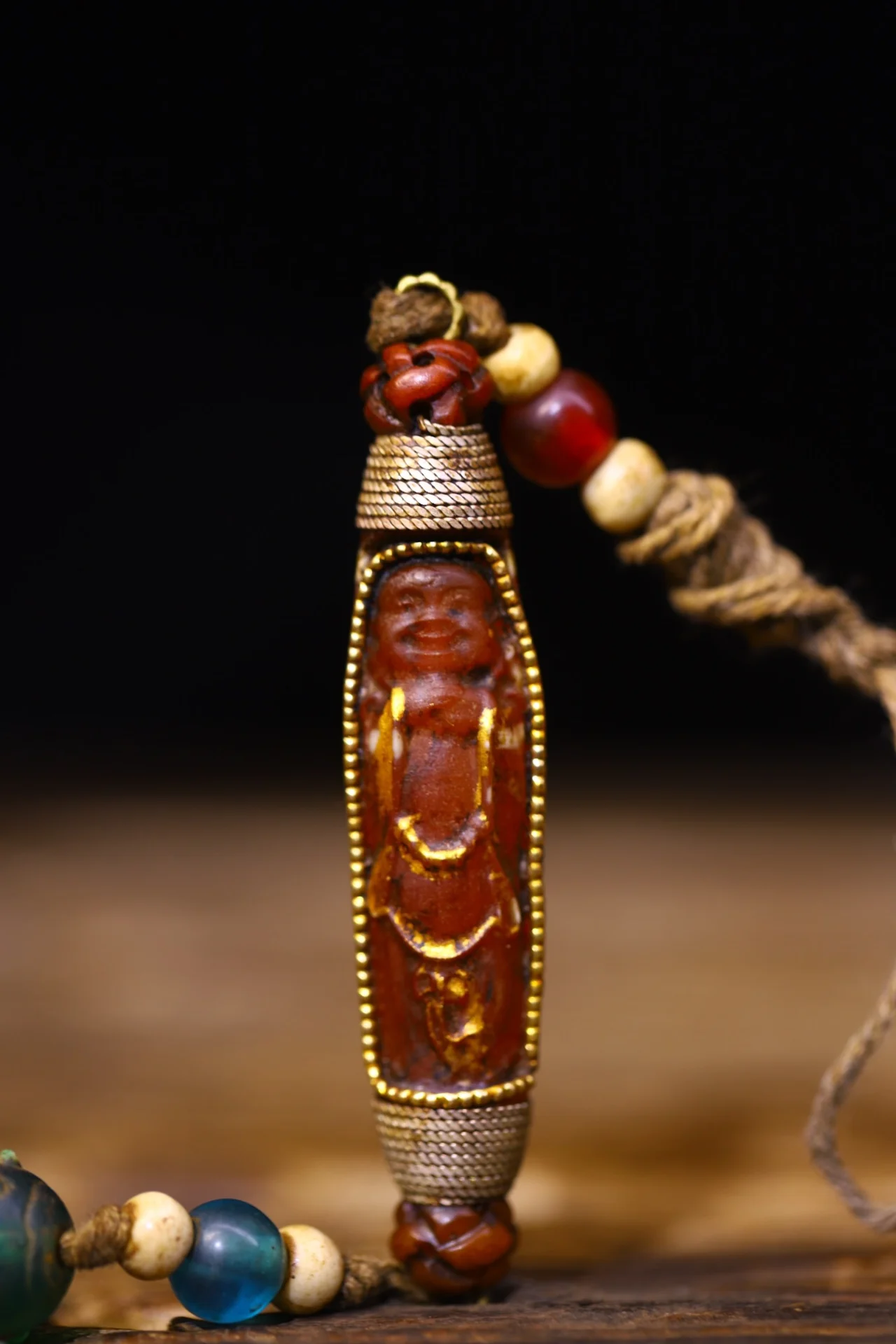

3"Tibetan Temple Collection Old Natural Agate Mosaic Gem Maitreya Bodhisattva Buddha gZi Beads Pendant Amulet Dharma Town house